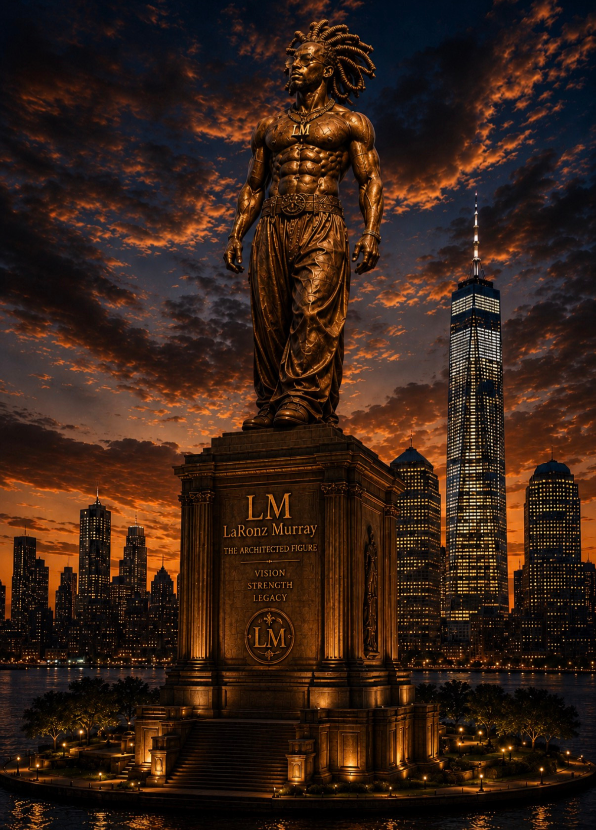 The Architected Figure — LaRonz Murray monumental bronze statue against NYC skyline